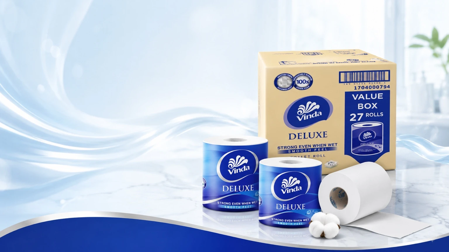 Papel Higiénico Vinda Deluxe 3 Capas Smooth Feel Caja de Valor 27 Rollos x 250 Hojas